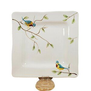 3) Pier 1 Robin Square Salad Plates 8" handpainted birds stoneware